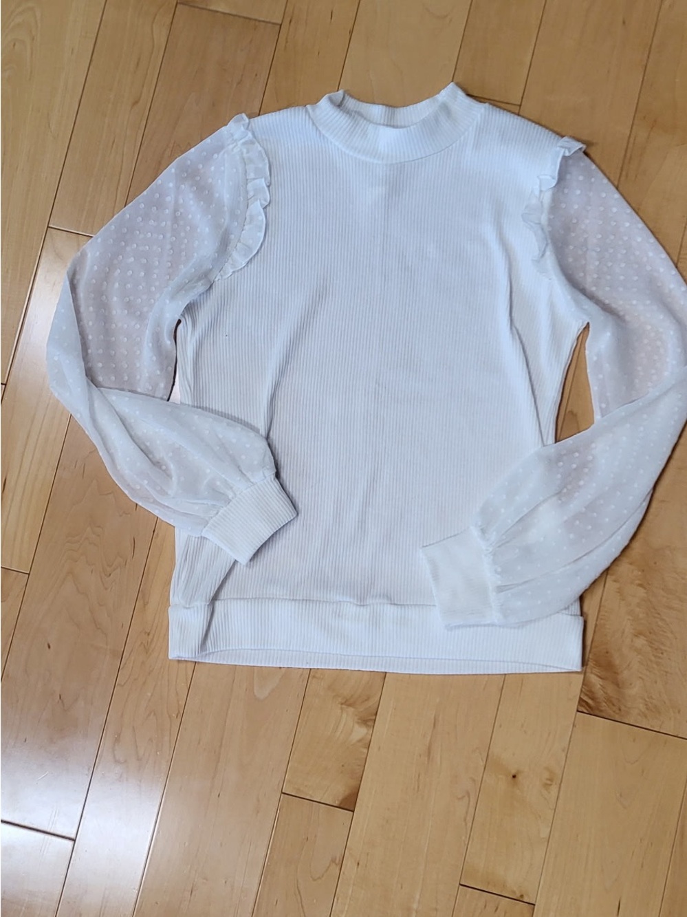 White Sheer-Sleeve Ribbed Women's Top